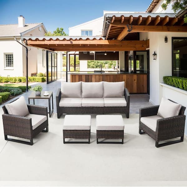 Gymojoy Valenta Brown 6-Piece Wicker Patio Conversation Sectional Seating Set with Beige Cushions