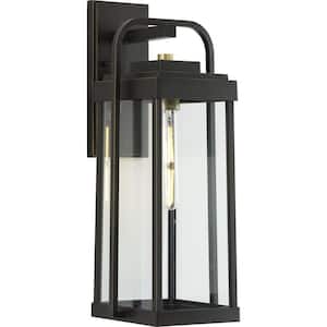 Walcott 1-Light Antique Bronze with Brasstone Accents Clear Glass Transitional Outdoor Wall Lantern Light