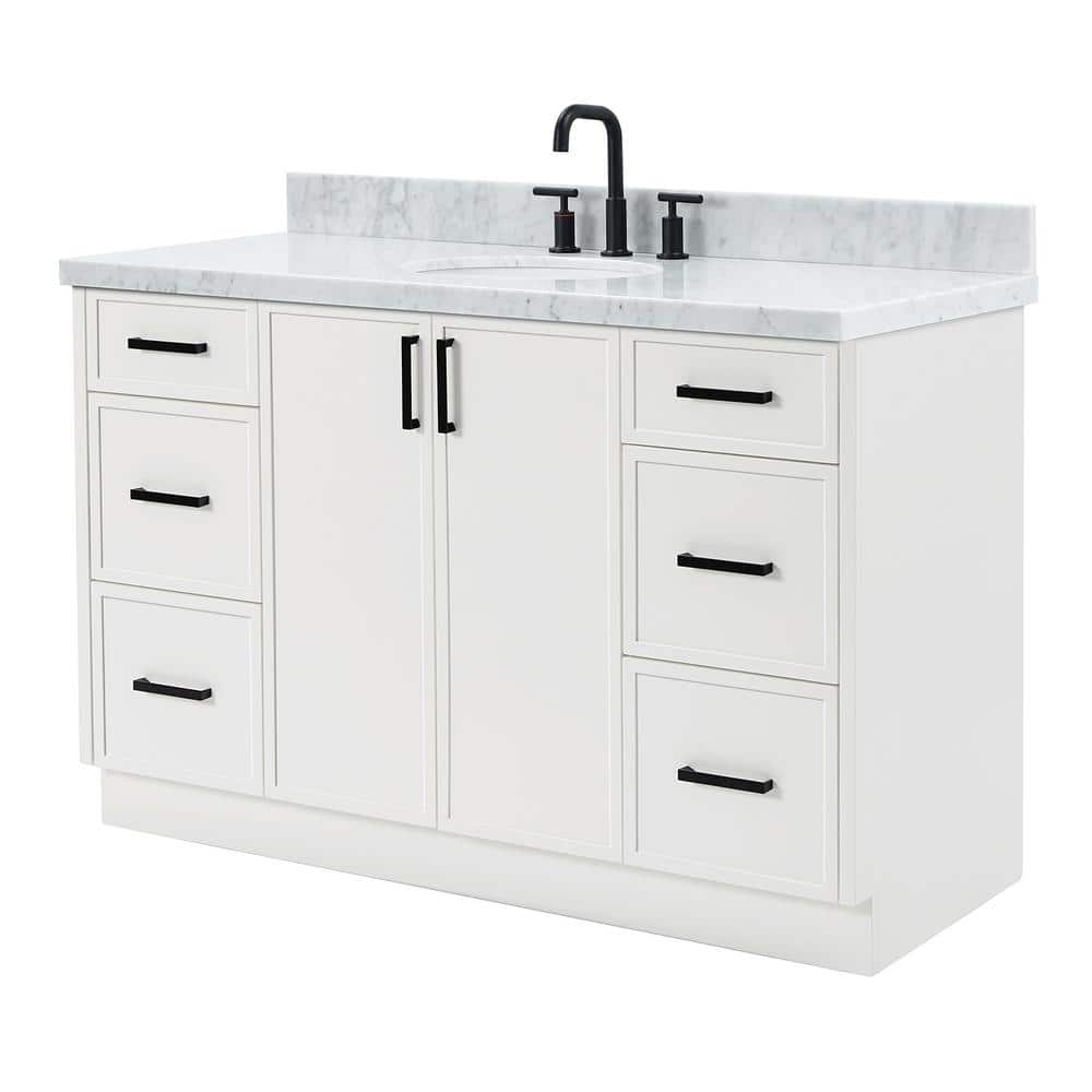 Kelly 55" White Solid Wood Single Sink Vanity with Carrara Marble Top