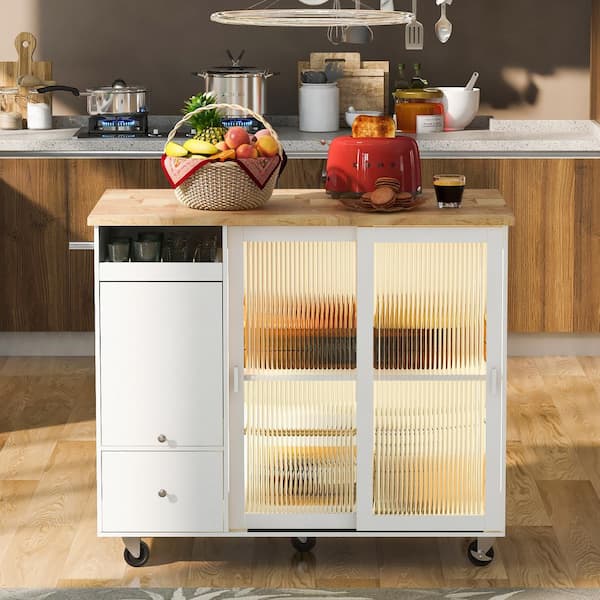 Staykiwi White Rubberwood Kitchen Cart with Drop Leaf, 1-Flip Cabinet Door and 2- Fluted Glass Doors