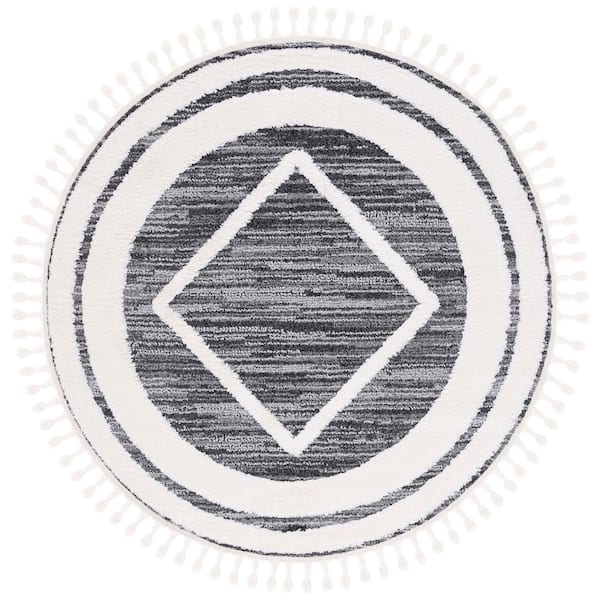 Moroccan Tassel Shag 7 ft. x 7 ft. Black/Ivory Border High-Low Diamond Round Area Rug