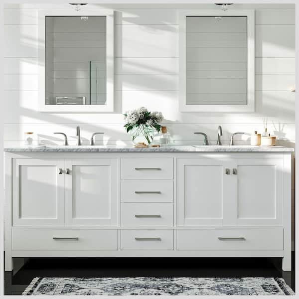 Eviva Aberdeen 84 in. W x 22 in. D x 34 in. H Double Bath Vanity in White with White Carrara Marble Top with White Sink