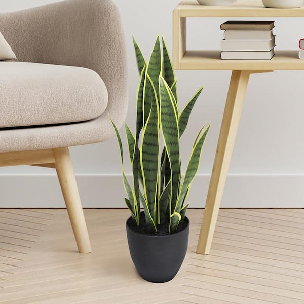 LIVING LUXURY 26 in. Green Yellow Sansevieria Artificial Snake Plant in Black Pot