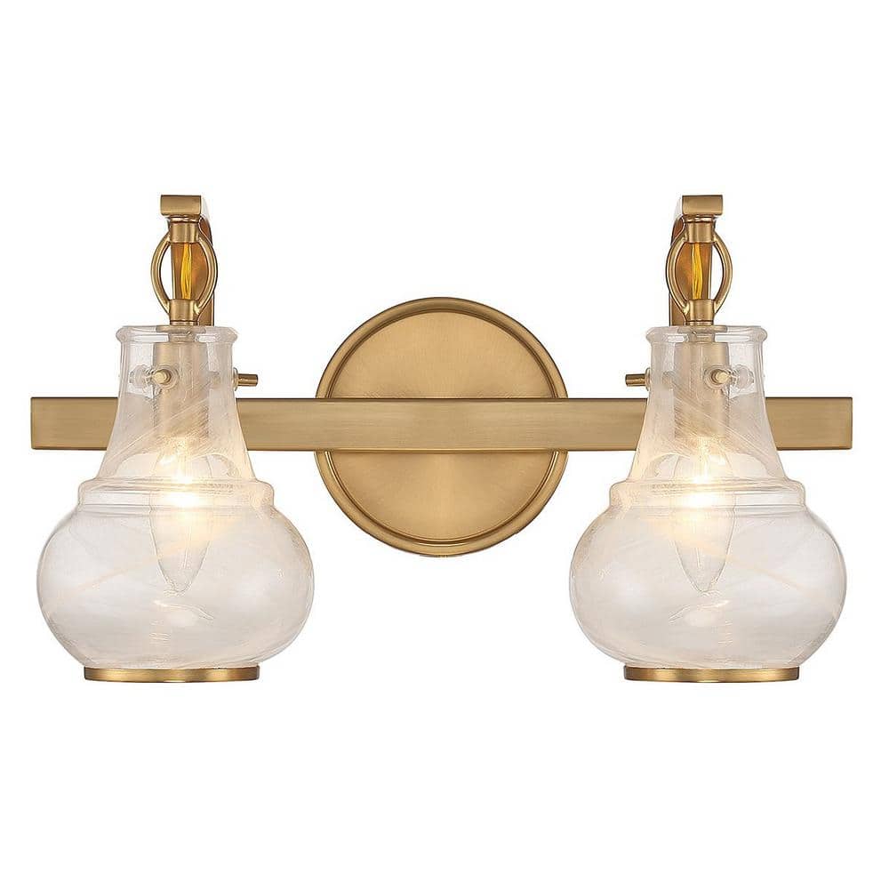 Warm Brass 2-Light Vanity with White Strie Glass Shades