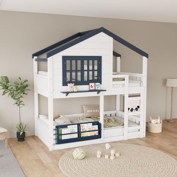 Beverly White Wood Frame Twin Size Bunk Bed with Bookshelf, White & Blue