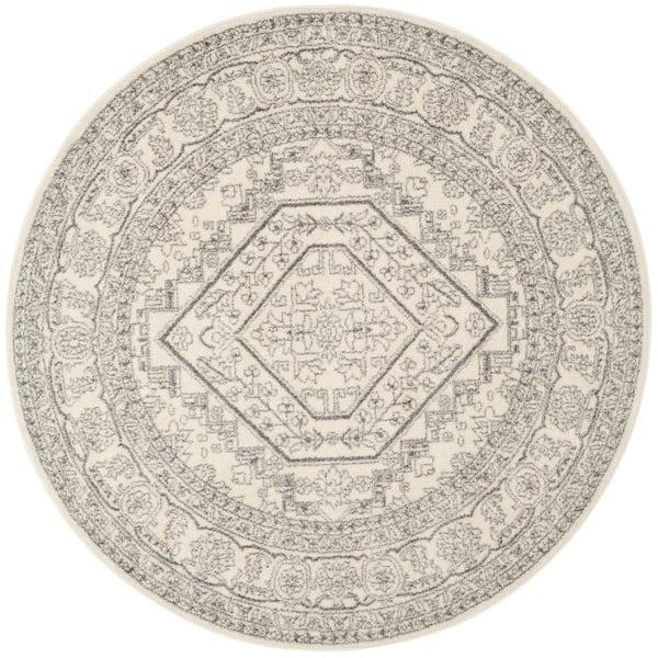 Adirondack Ivory/Silver 4 ft. x 4 ft. Border Medallion Round Area Rug
