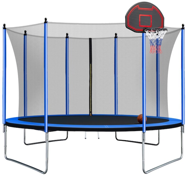Unbranded 10 ft. Outdoor Round Blue Trampoline with Basketball Hoop