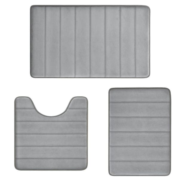 20 in. x 32 in. Memory Foam Bathroom Rugs Set, 3-Piece Non-Slip Washable Bath Mats in Gray, Absorbent Shaggy Rugs