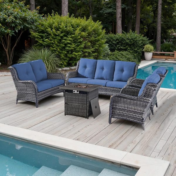Pocassy 5-Piece Gray Wicker Outdoor Patio Fire Pit Seating Set with CushionGuard Blue Cushions
