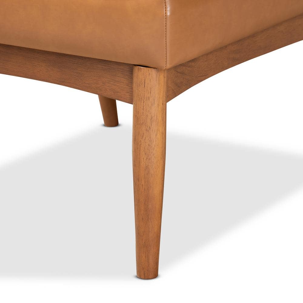 Tan Faux Leather and Walnut Wood Low Arm Chair