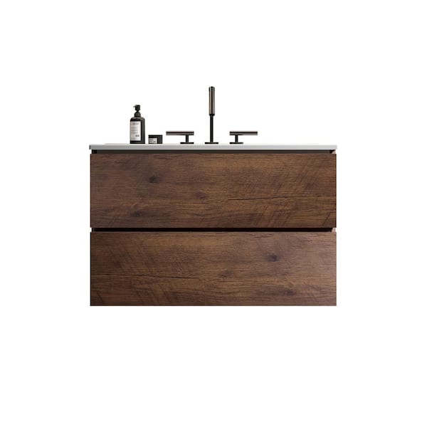 Tina 30 in. W Single Sink Wall Mount Walnut Bath Vanity with White Ceramic Top Sink with 3-Faucet Holes