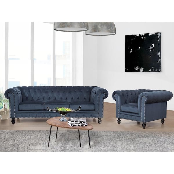 DEVON & CLAIRE Grand Chateux 80 in. Rolled Arm Velvet Rectangle Sofa in. Gray with Armchair