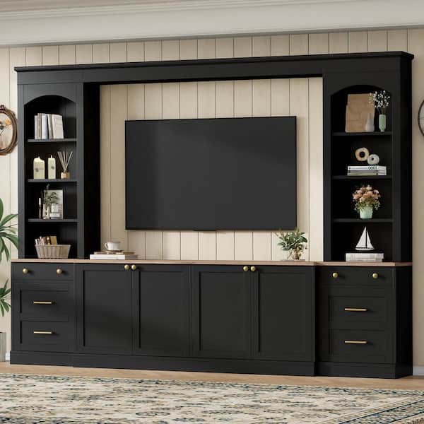 Black Media Console Entertainment Center Fits TVs up to 70 in with Shelves, 2 Drawers, 4 Cabinets