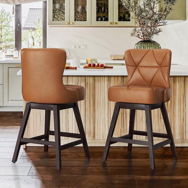 OrangeOne Zola 26 in. Whiskey Brown Wood Frame Faux Leather Upholstered Swivel Bar Stool (Set of 2)