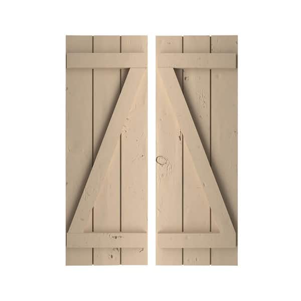 Ekena Millwork 17.5 in. x 32 in. Timberthane Polyurethane 3-Board Spaced Board-n-Batten Knotty Pine Faux Wood Shutters w/Z-Board Pair