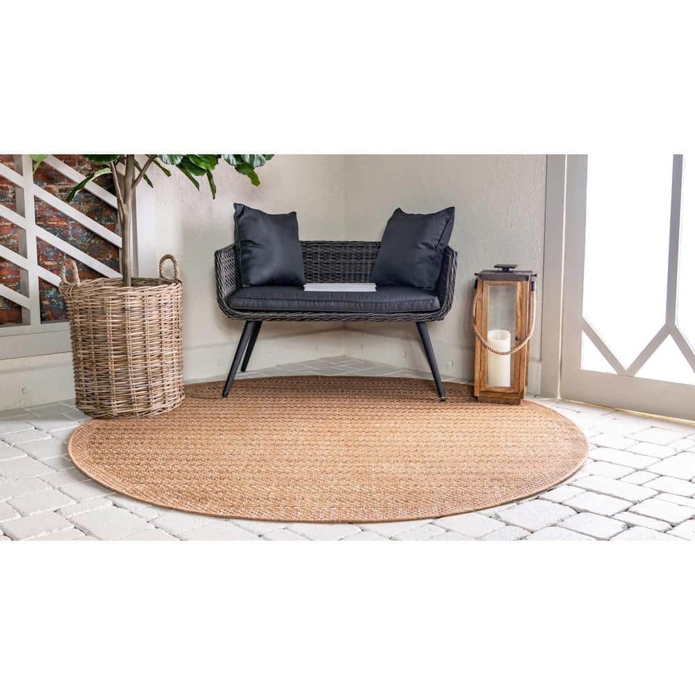 Easy-Care Reversible Stripe Round Outdoor Rug, 6'1", Light Brown