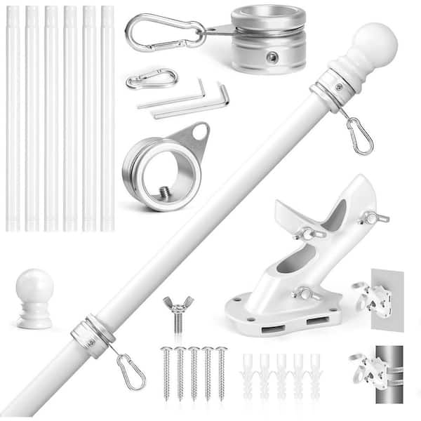 7 ft. White Stainless Steel Flag Poles with Metal Rotating Flag Pole Rings Clips, Holder Brackets Mounting Flag Pole Kit