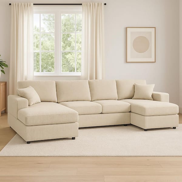 Neil Modern 120 in. Upholstered Corduroy Modular Convertible Sectional Sofa Bed in Cream with Pillows, Double Chaise