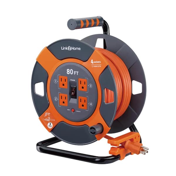 Link2Home 80 ft. 14/3 Extension Cord Storage Reel with 4 Grounded Outlets and Overload Protection