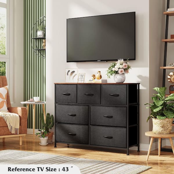 Vrbgify 7 Drawer Dresser TV Stand Entertainment Center Media Console Table with Metal Frame Wood Top in Black Rustic Brown Vrbgify 7 Drawer Dresser TV Stand Entertainment Center Media Console Table with Metal Frame Wood Top in Black Rustic Brown
