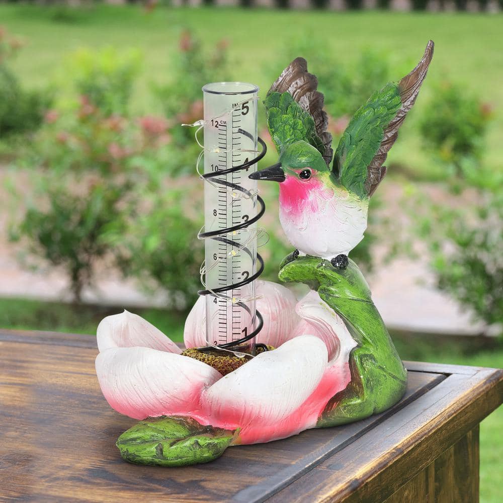 Solar Pink Flower and Hummingbird Garden Rain Gauge with LED Lights
