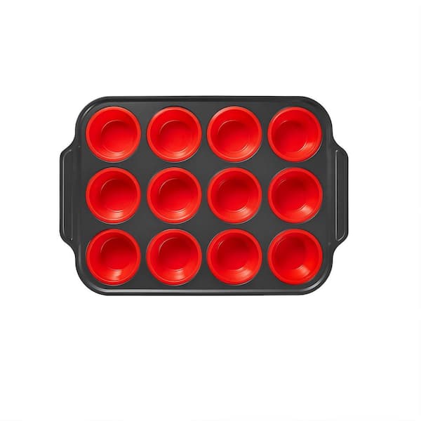 Silicone Muffin Pans with Metal Frame, Nonstick Non Toxic Bakeware for Oven, Red