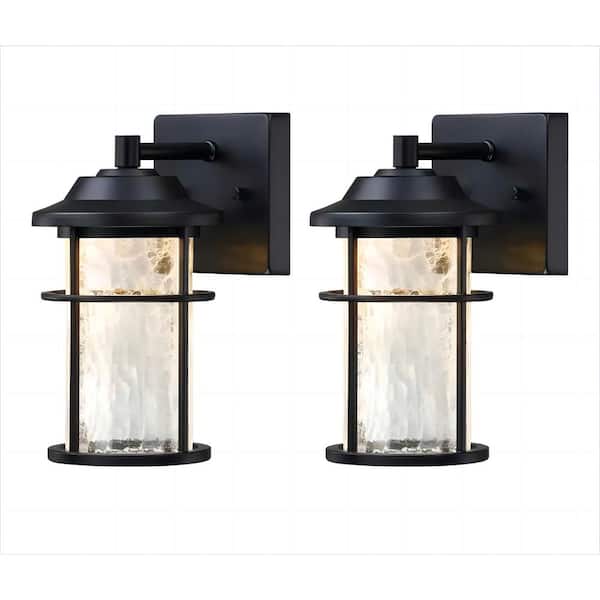 10.81 in. 2 Pack Black Outdoor LED Hardwired Wall Lantern Scone with Frosted Glass No Bulbs Included