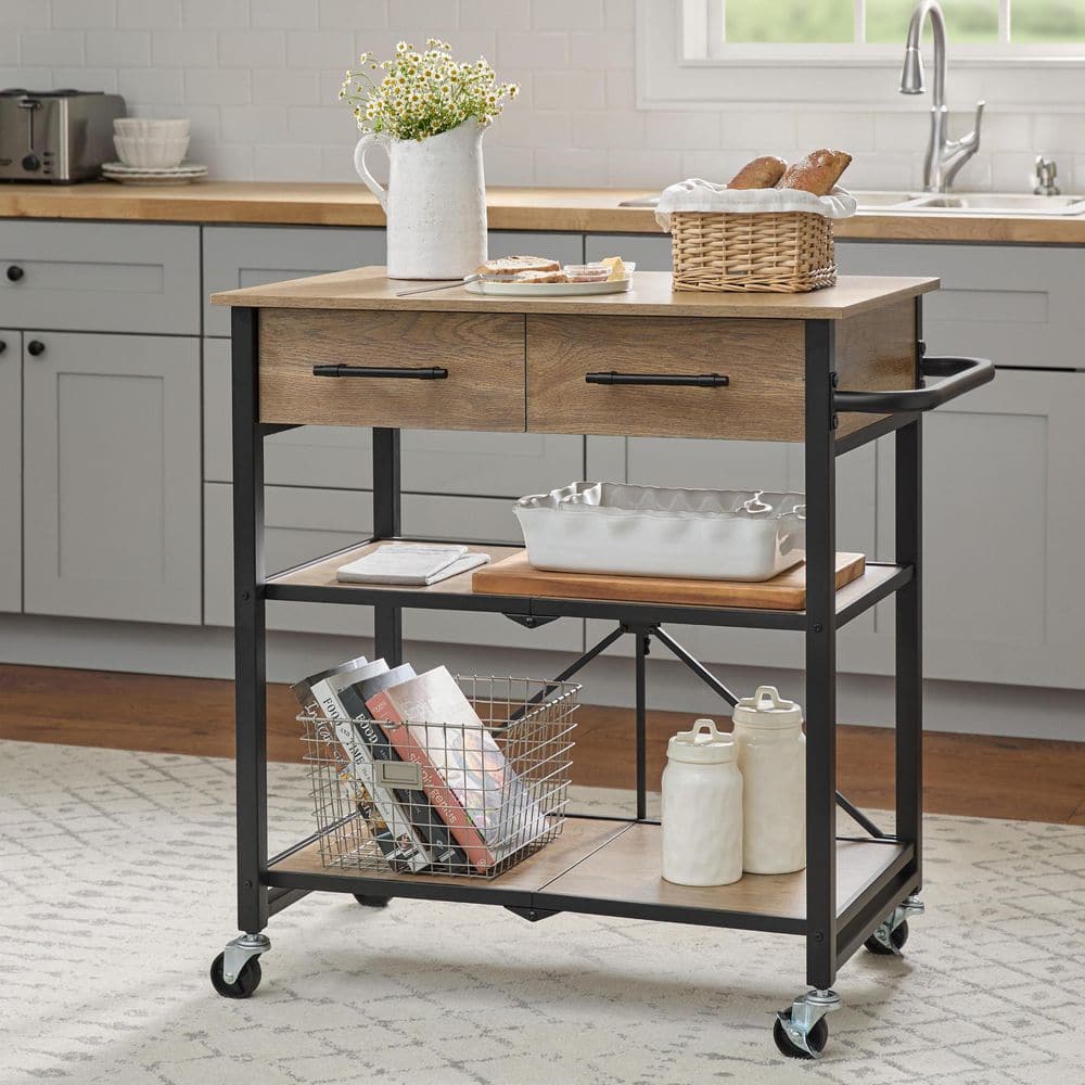 OSP Litchfield Farmhouse Kitchen Cart - Black With Faux Marble Top, 2 Drawers, Shelves, Locking Casters