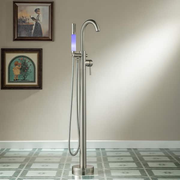 Single-Handle Floor Mount Freestanding Tub Filler Faucet with Integrated LED Color-Changing Spray Head in Brushed Nickel