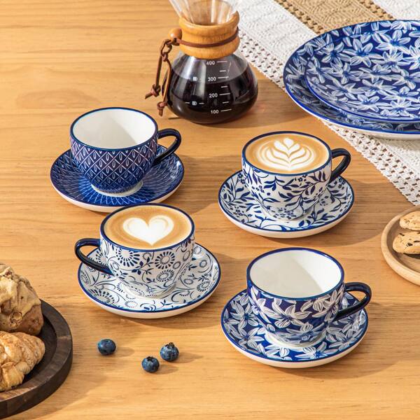 vancasso 8 oz. Blue and White Porcelain Coffee Cup Set (Set of 8) Including 4 Cups and 4 Saucers for Coffee/Latte/Cappuccino/Milk