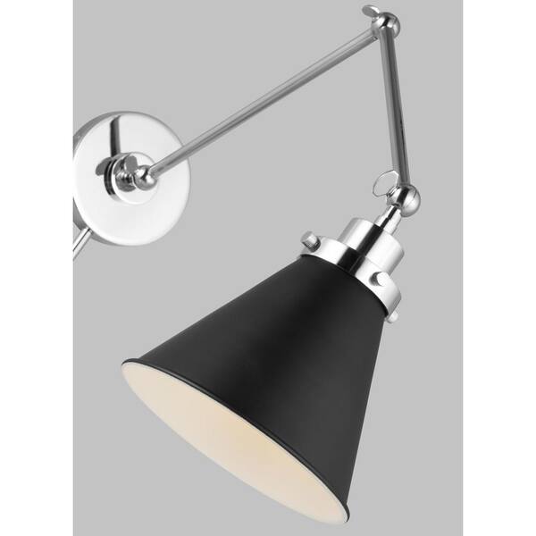 Generation Lighting - Wellfleet 7.25 in. W 1-Light Midnight Black/Polished Nickel Double Arm Cone Task Wall Sconce with Steel Shade