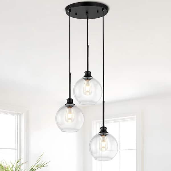 Modern 3-Light Black Globe Pendant Light with Clear Glass Shades, Adjustable Ceiling Fixture for Kitchen, Dining Room