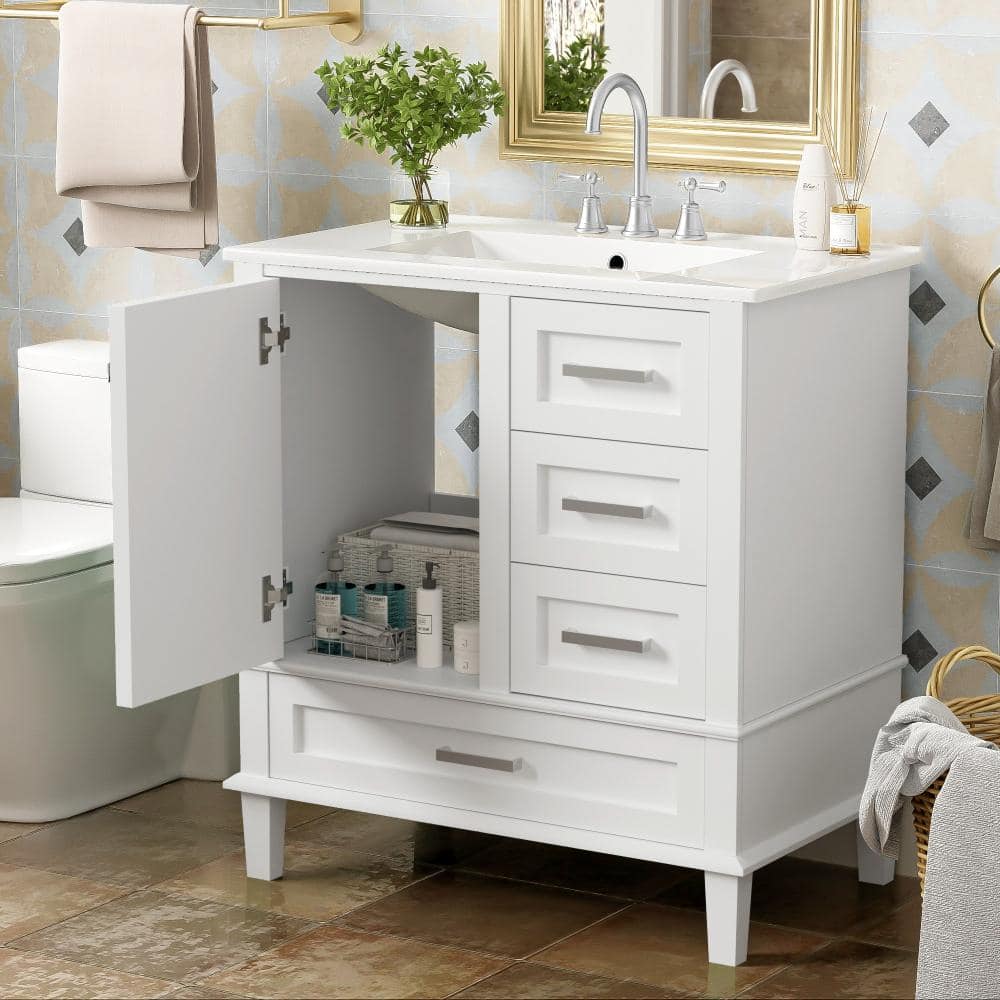 30 in. W x 18.3 in. D x 34 in. H Single Sink Bathroom Vanity in White with White Ceramic Top