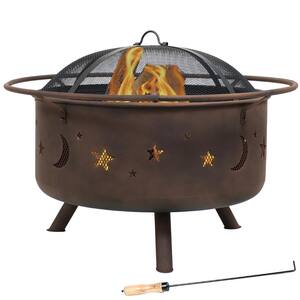 Cosmic 30 in. x 20 in. Round Bronze Steel Wood Burning Fire Pit with Cooking Grill and Spark Screen