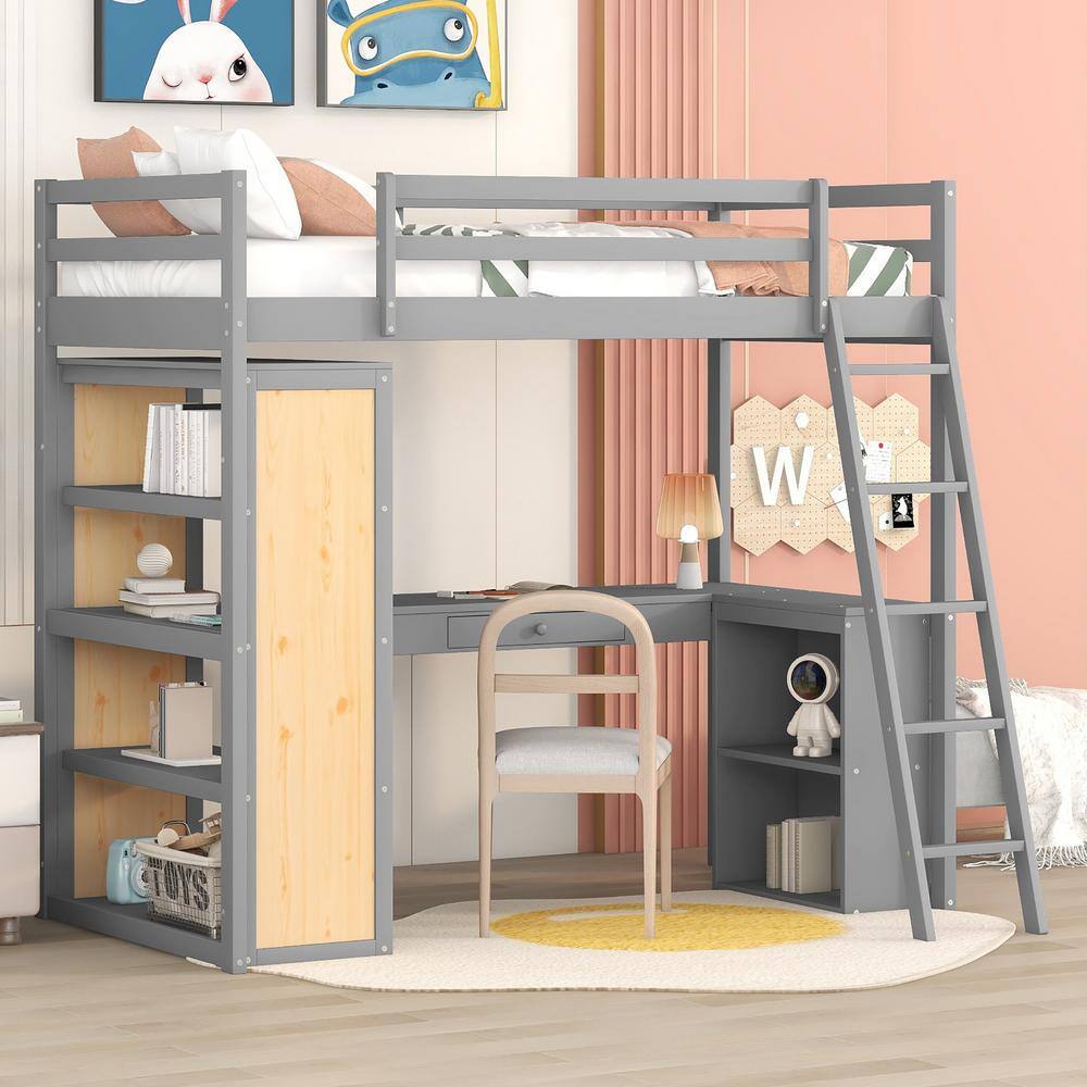 Harper & Bright Designs Gray Twin Wooden Loft Bed with Shelves, Desk ...