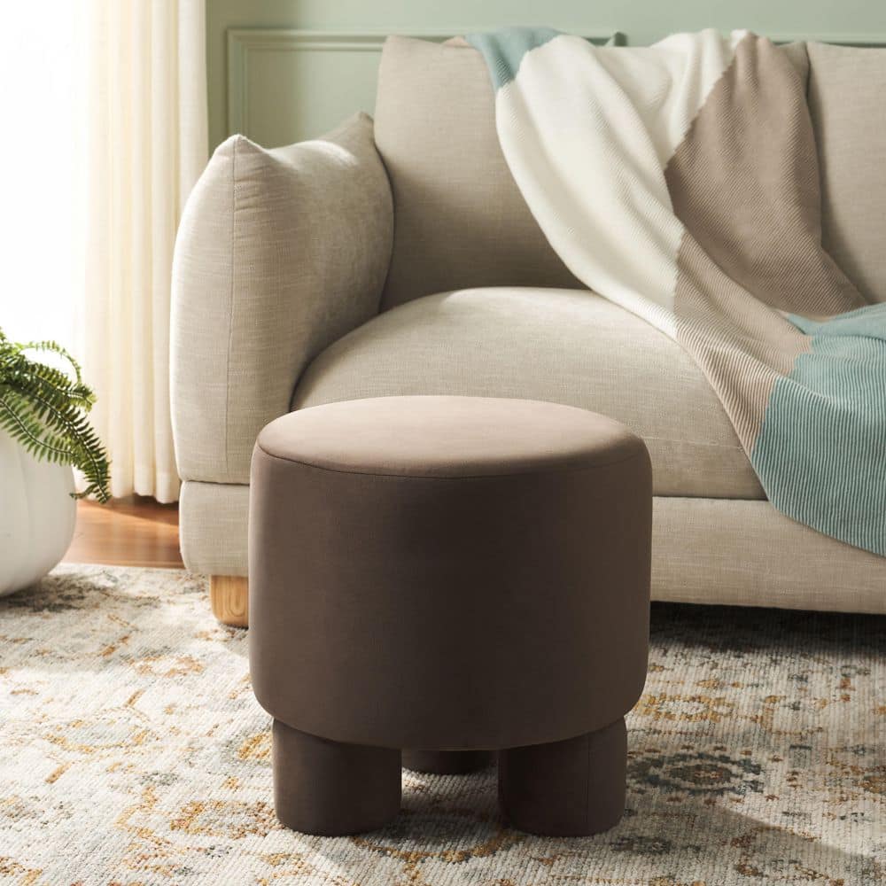 Naref Chocolate Velvet Round Accent Small Ottoman