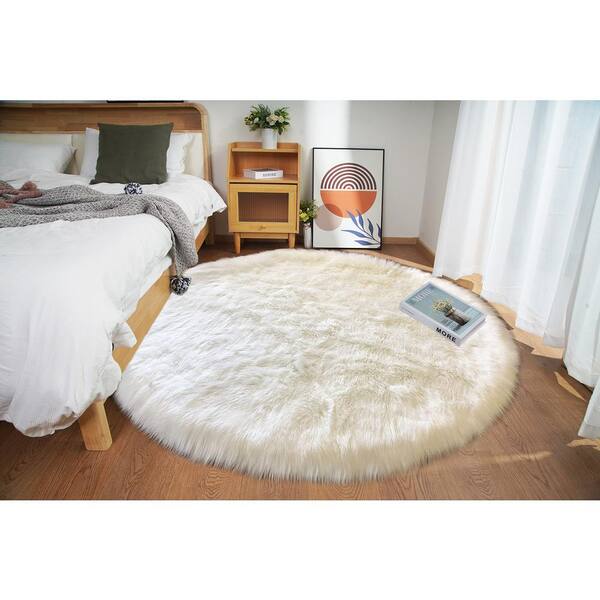 Sheepskin Faux Furry White Cozy Rugs 6 ft. x 6 ft. Round Area Rug