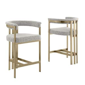 Riley 30 in. Rich Grey Color Low Back Metal Frame Matte Brushed Gold Chrome Base Bar Stool With Boucle Fabric Set of 2