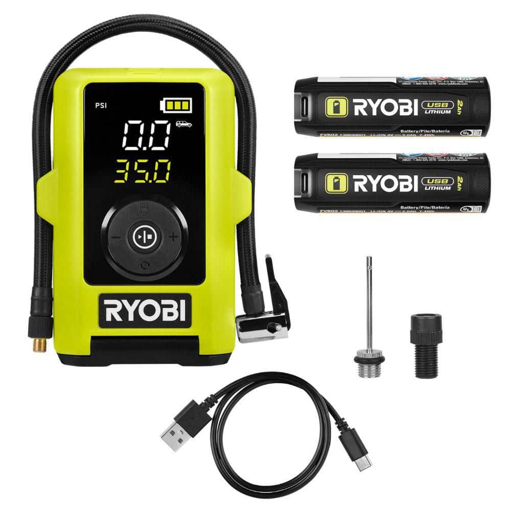 RYOBI USB Lithium Smart Tire Inflator Kit with (2) 2.0Ah Batteries