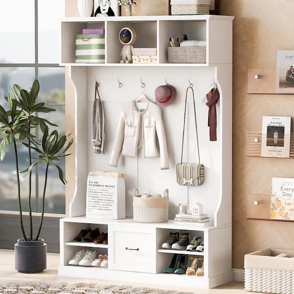3-in-1 Design White Hall Tree with 3 Upper Shelves, 6-Hooks, Entryway Bench, Drawer