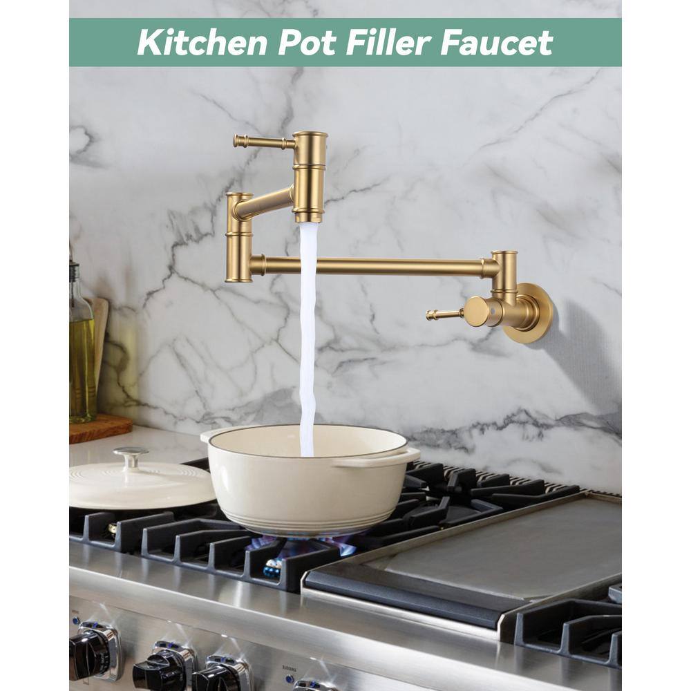 Brushed Gold Wall Mount Double Handle Pot Filler Faucet