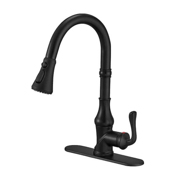 PERLIRIA INC Single Handle Pull Down Sprayer Kitchen Faucet, High Arc Pull Out Kitchen Sink Faucet with Deck Plate in Matte Black