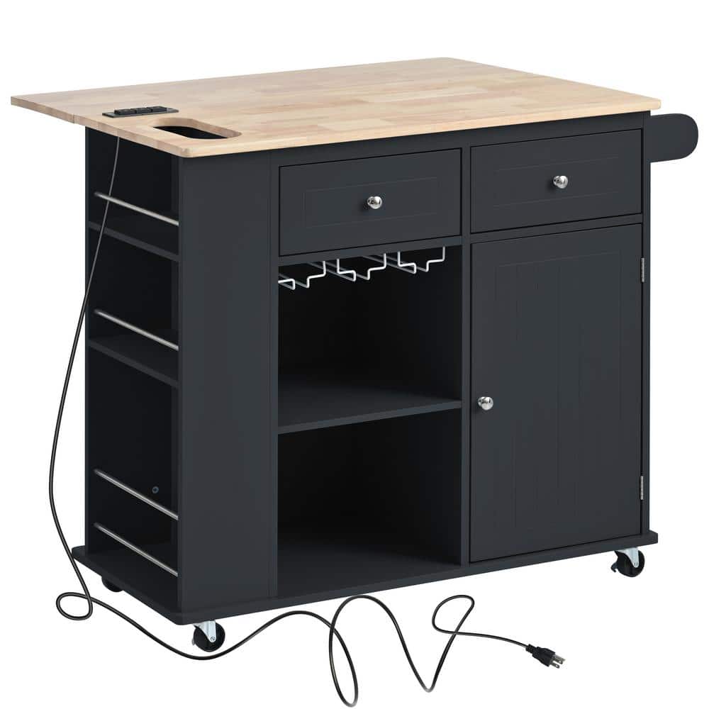 Black Outdoor Grill Cart Kitchen Island with Power Outlet Open Storage and 