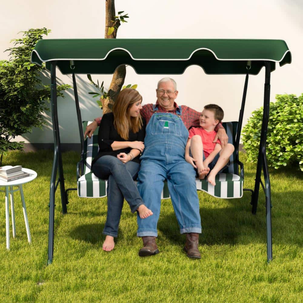 Green and White Striped Metal 3-Person Porch Swing with Adjustable Canopy