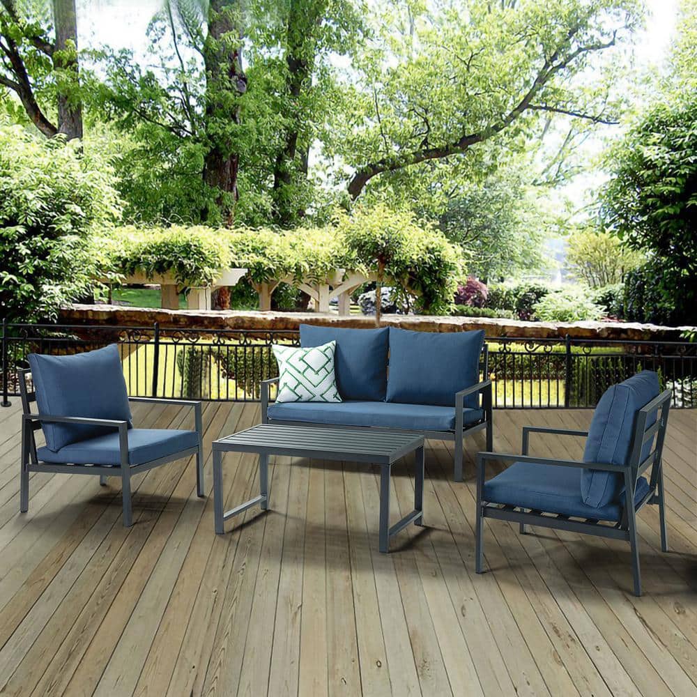 Aluminum Outdoor Patio Conversation Set 4-Piece Sofa Sets with Cushions in 