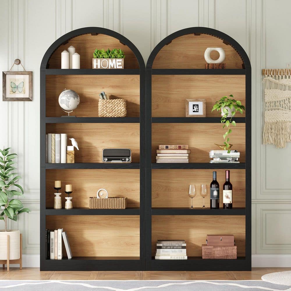 Selden Modern Rustic 68.8 in. Tall Black + Natural Finish Wood 4 Shelves Accent Standard Bookcase, (Set of 2)
