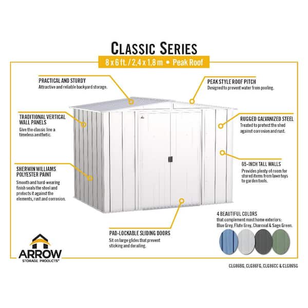 Arrow Classic 8 ft. W x 6 ft. D Charcoal Steel Storage Shed