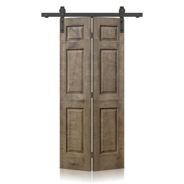 CALHOME 30 in. x 84 in. Vintage Brown Stain 6-Panel MDF Hollow Core Composite Bi-Fold Barn Door with Sliding Hardware Kit