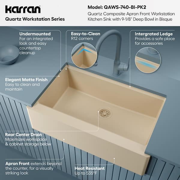 Karran 34 in. Farmhouse Single Bowl Quartz Workstation Kitchen