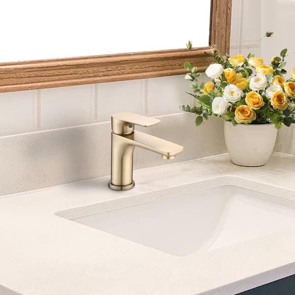 Single Handle Single-Hole Bathroom Lavatory Basin Brass Sink Faucet with Spot Resistant in Brushed Gold